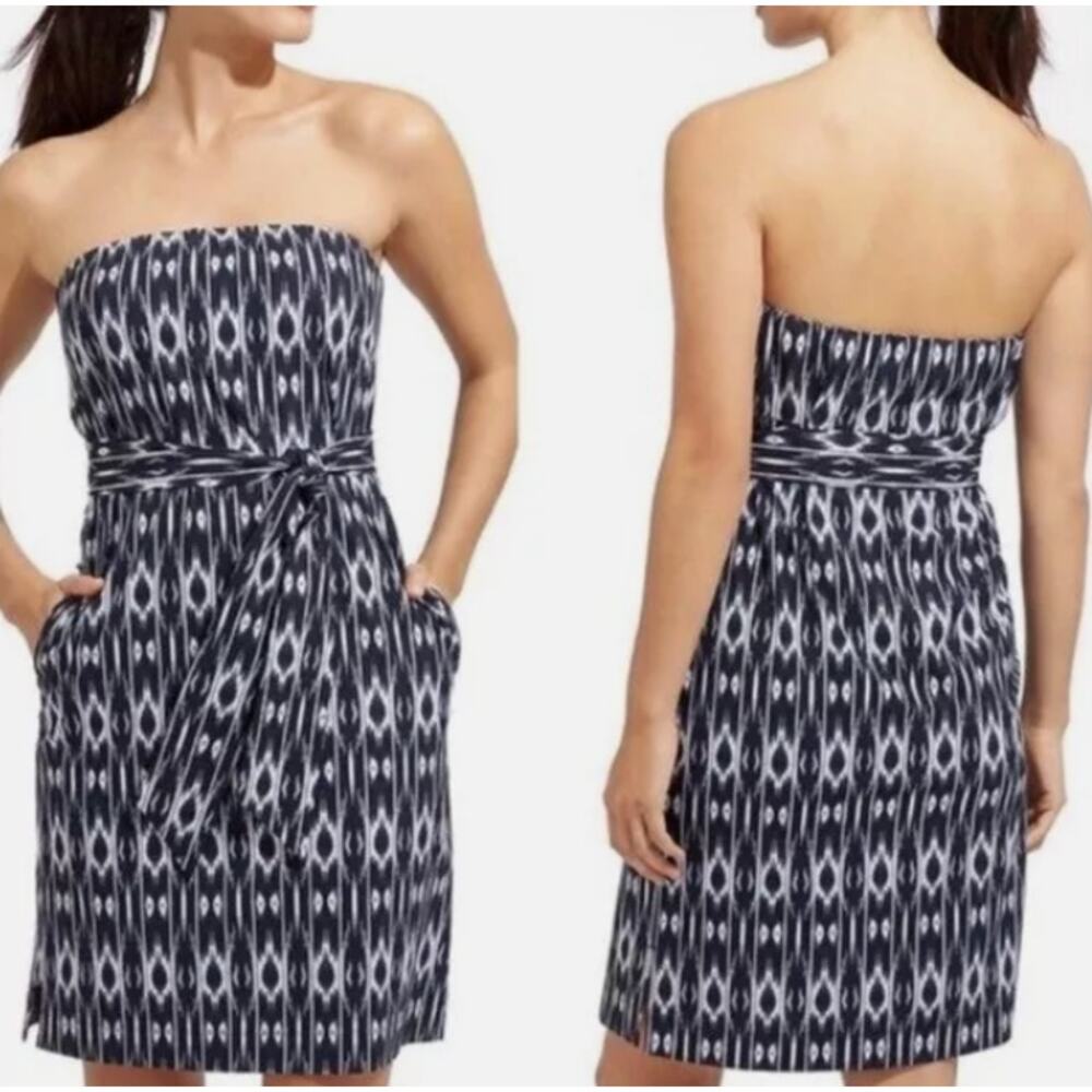 Athleta Size 8 Navy and White Ikat Strapless Anywhere Mini Dress Geometric